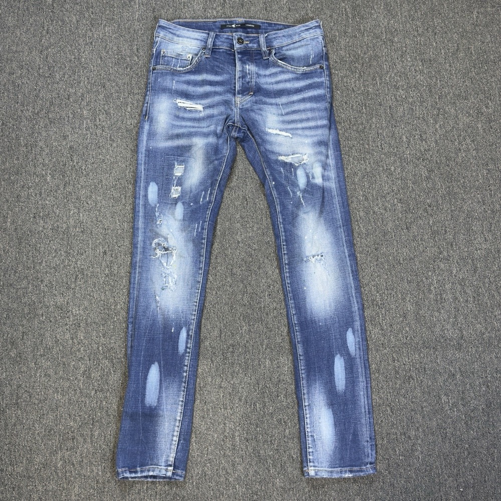 7th Heaven London Mens Slim Straight Distressed Blue Denim Size 30x33 Button Fly